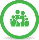 Dark green circle with graphic depicting four-person family