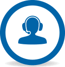 Blue circle with graphic depicting person wearing phone headset