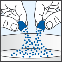 Illustration of 2 hands emptying the contents of a capsule into a bowl.